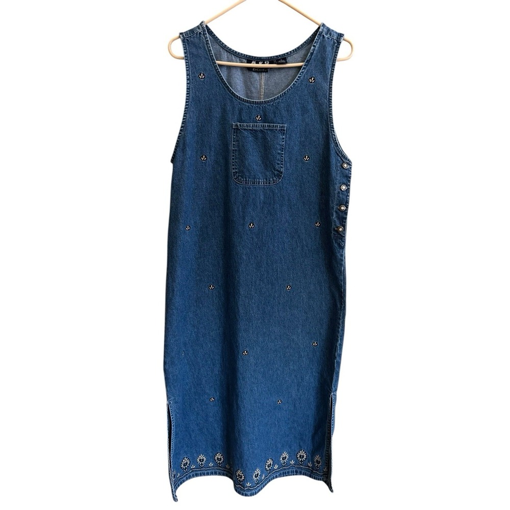 MPH Blues Dress Sz M Denim Sleeveless Prairie Cottagecore Floral Embroidered